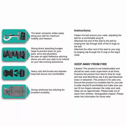 JESPET Hands Free Dog Leash for Running, Walking, Hiking Jogging for Medium & Large Dogs up to 150lbs, Durable Dual Handle Waist Leash with Reflective Bungee and Adjustable Waist